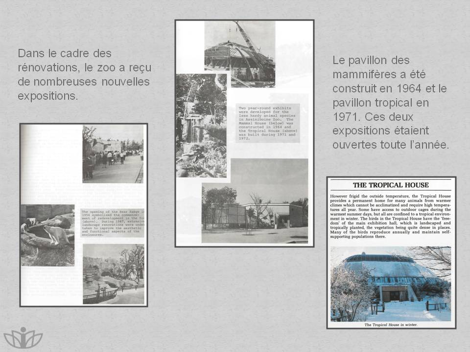 Dans le cadre des r�novations, le zoo a re�u de nombreuses nouvelles expositions. Le pavillon des mammif�res a �t� construit en 1964 et le pavillon tropical en 1971. Ces deux expositions �taient ouvertes toute l�ann�e.